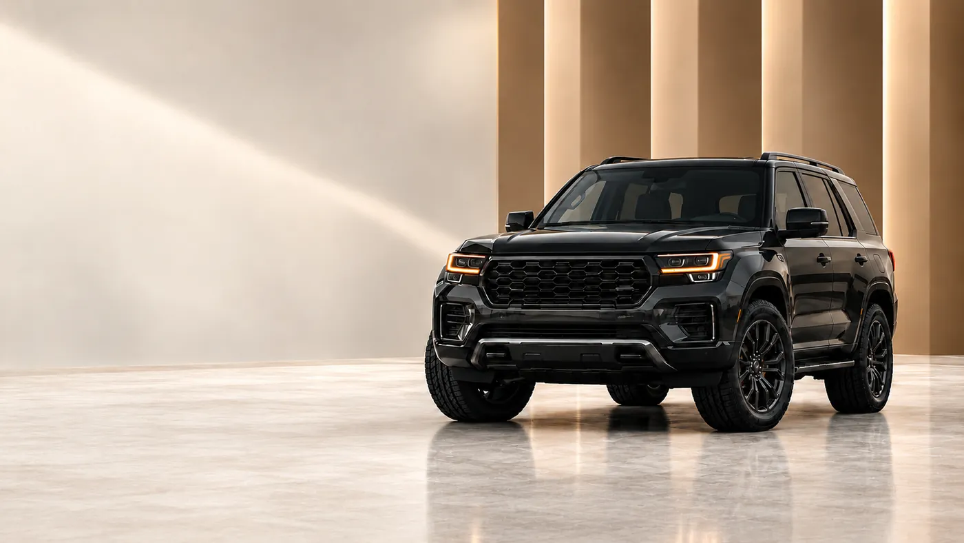 A black imported seven-seat SUV photographed in the studio