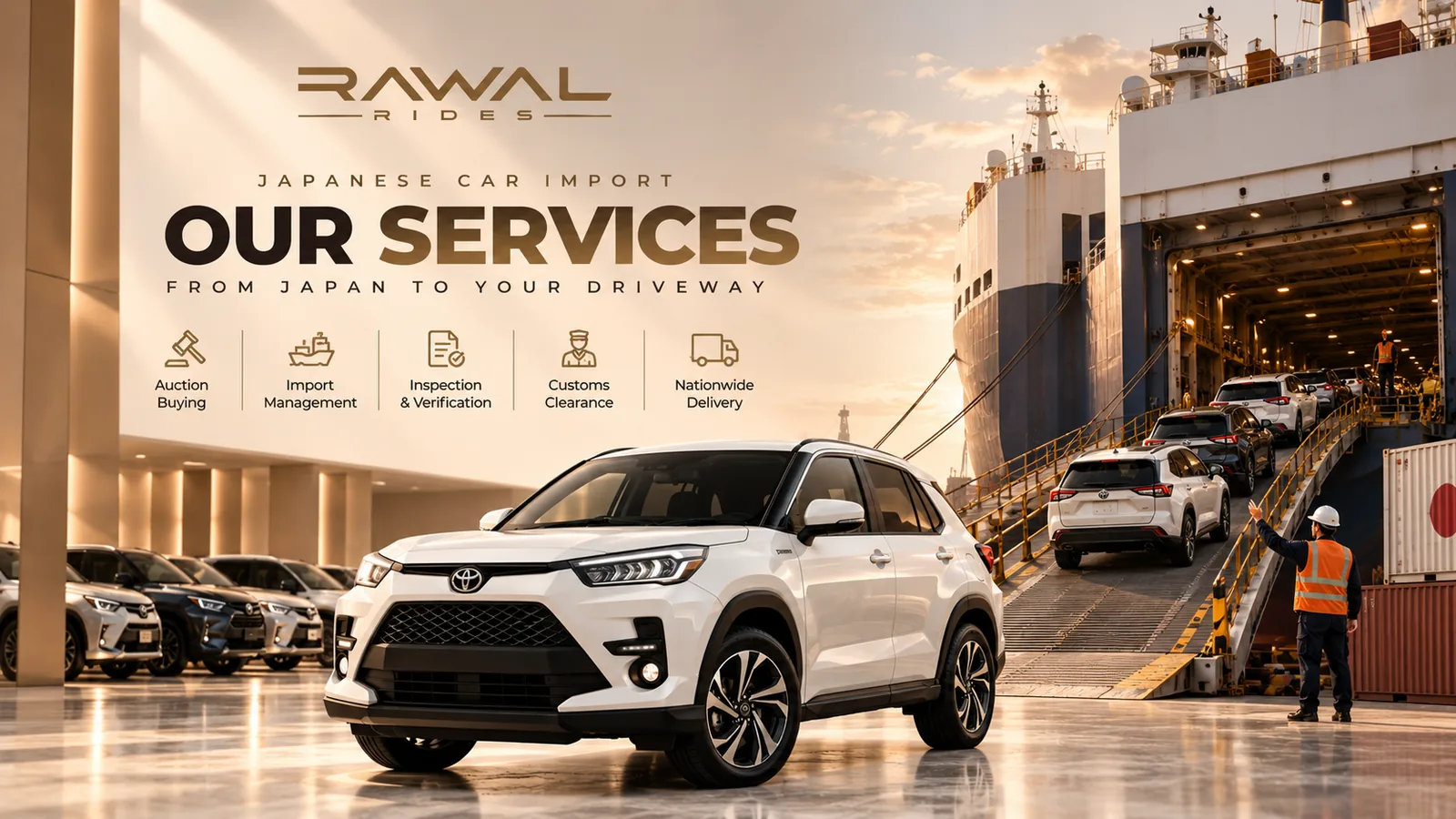 Rawal Rides services banner — Japanese car import, from Japan to your driveway: auction buying, import management, inspection and verification, customs clearance and nationwide delivery